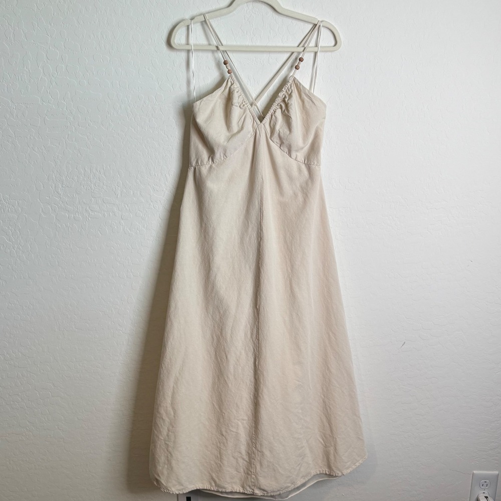 Japan Women Cream Linen Blend Beaded Strap Smocked Back Midi Dress Large Boho